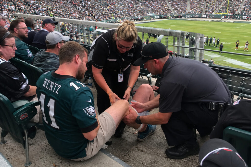 Spectator injury lawsuit at a crowded sports stadium.